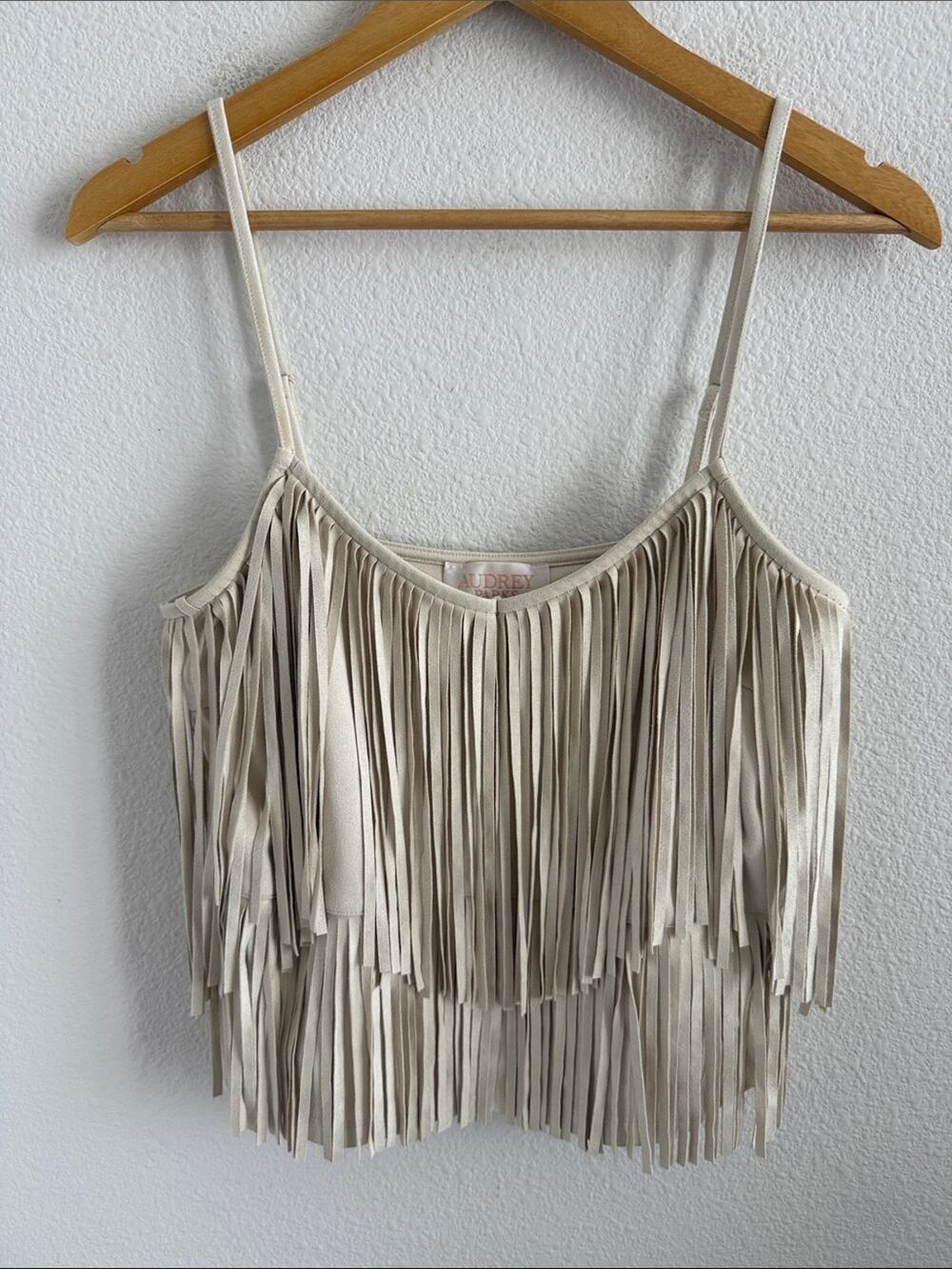 NWT Audrey Parks X Francesca's Cream Fringe Spaghetti Strap Top Women's S